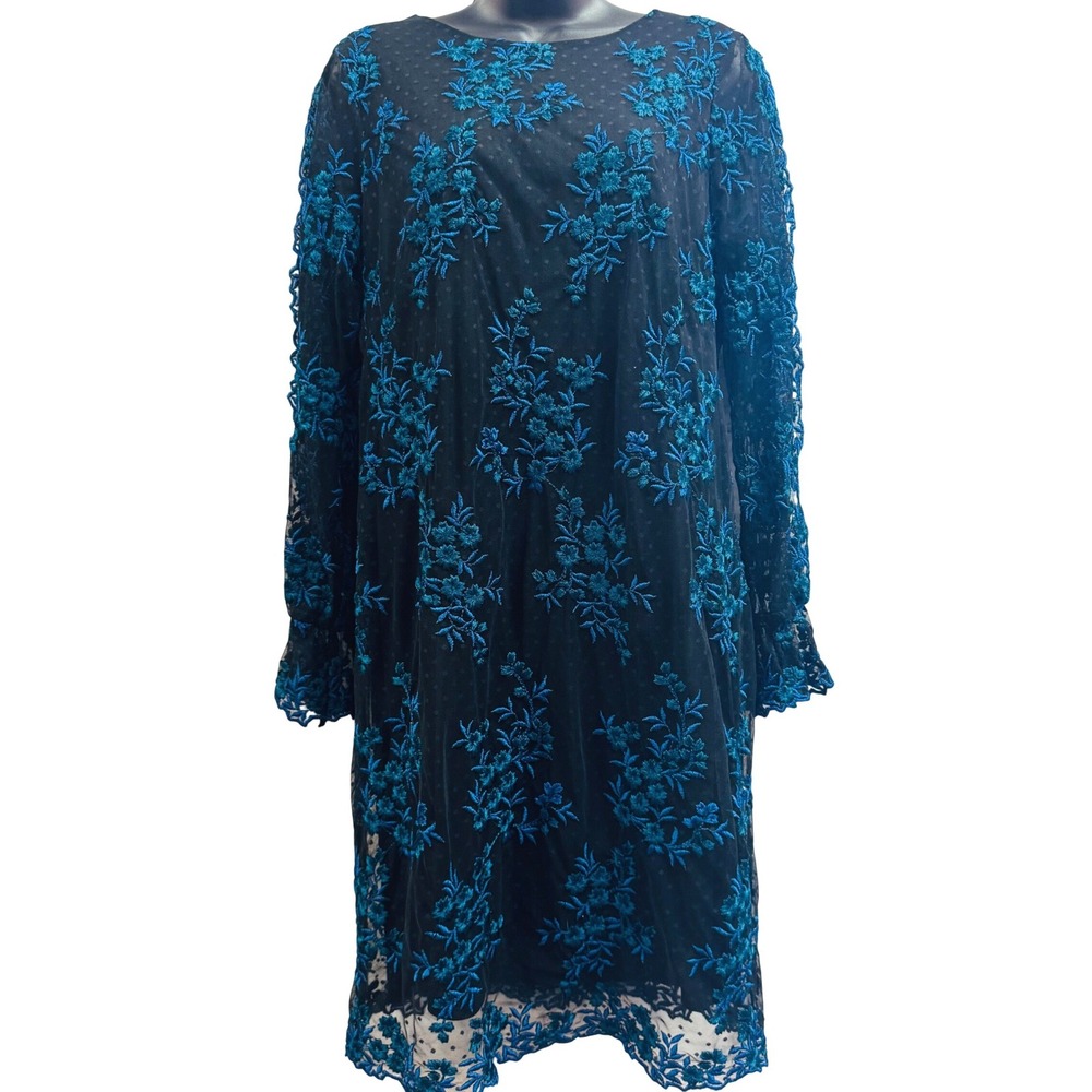 Taylor Womens Black Teal Floral Embroidered Lace Shift Dress Size 14